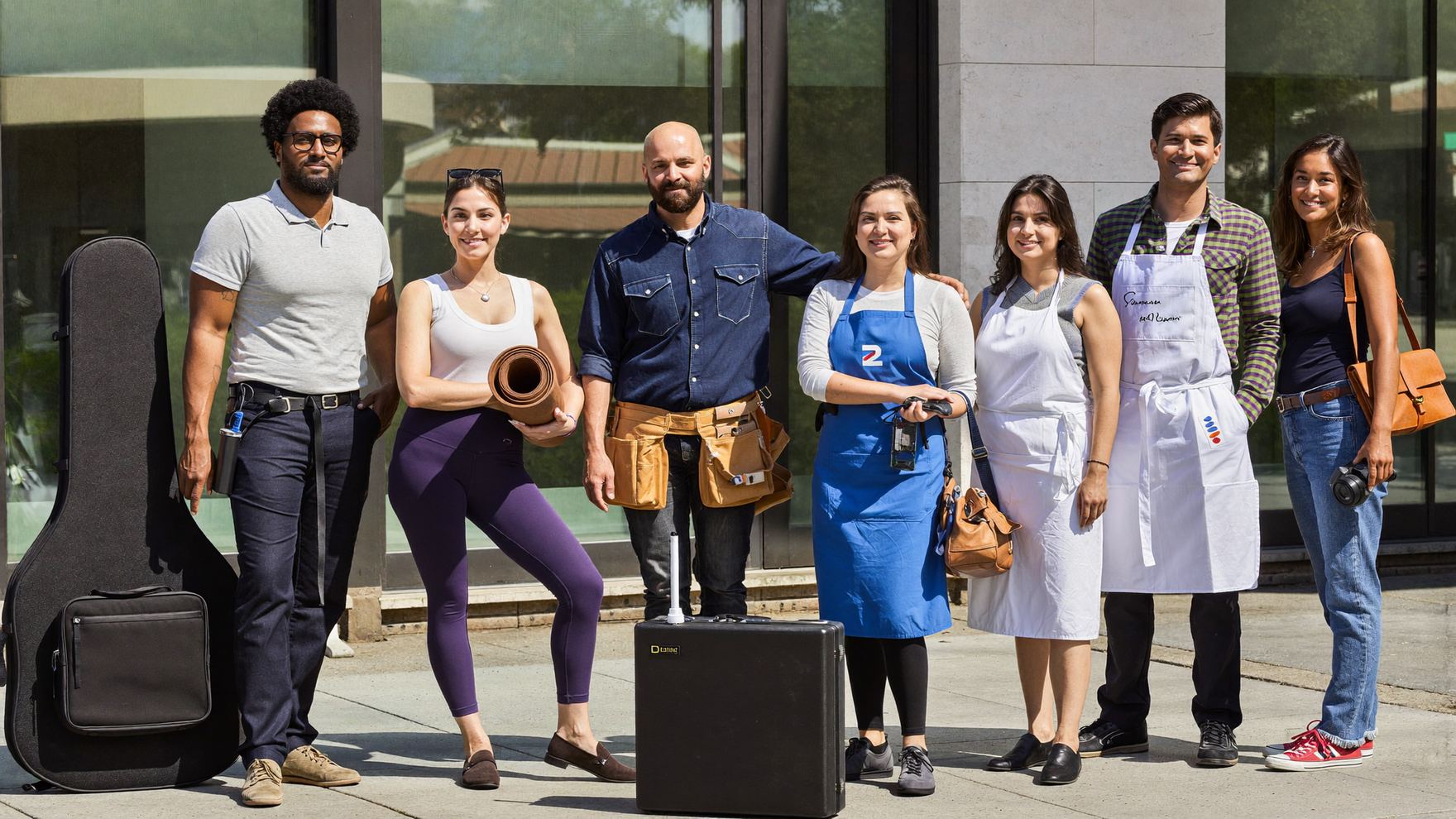 Seven self-employed people on a city sidewalk: a musician beside his guitar case, a yoga instructor holding a rolled mat, a tradesman in a tool belt, a woman in a blue apron, two cooks in white aprons, and a photographer with a camera and a leather bag.
