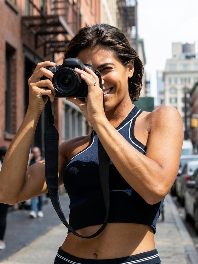 A photographer on a city street raising her camera to take a picture.