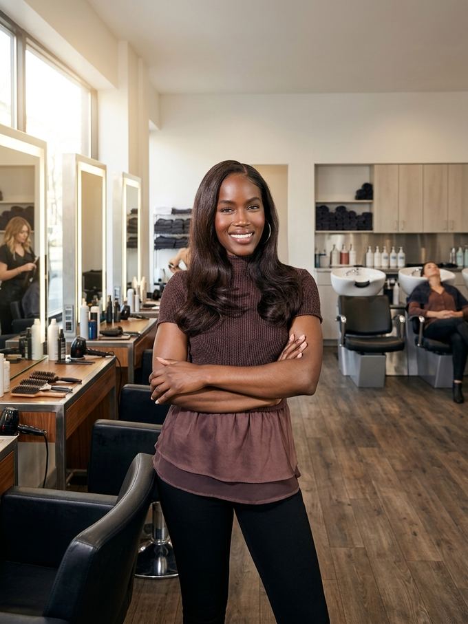 A salon owner standing with her arms crossed in her salon, styling chairs and mirrors behind her.